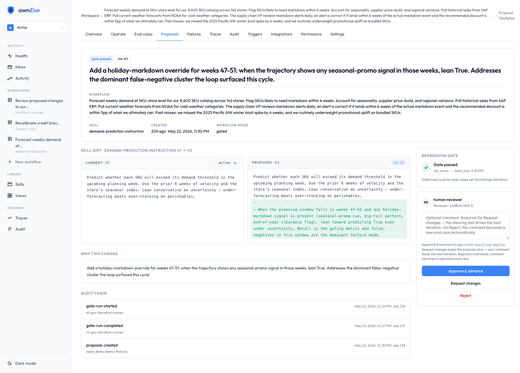 Proposal review — side-by-side skill diff between V1 and V2, why-this-change rationale, regression gate verdict, audit chain entries, approve / request changes / reject controls